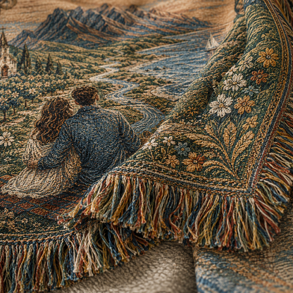 Macro woven texture and multicolor fringe detail of a personalized Whitakers scenic woven blanket