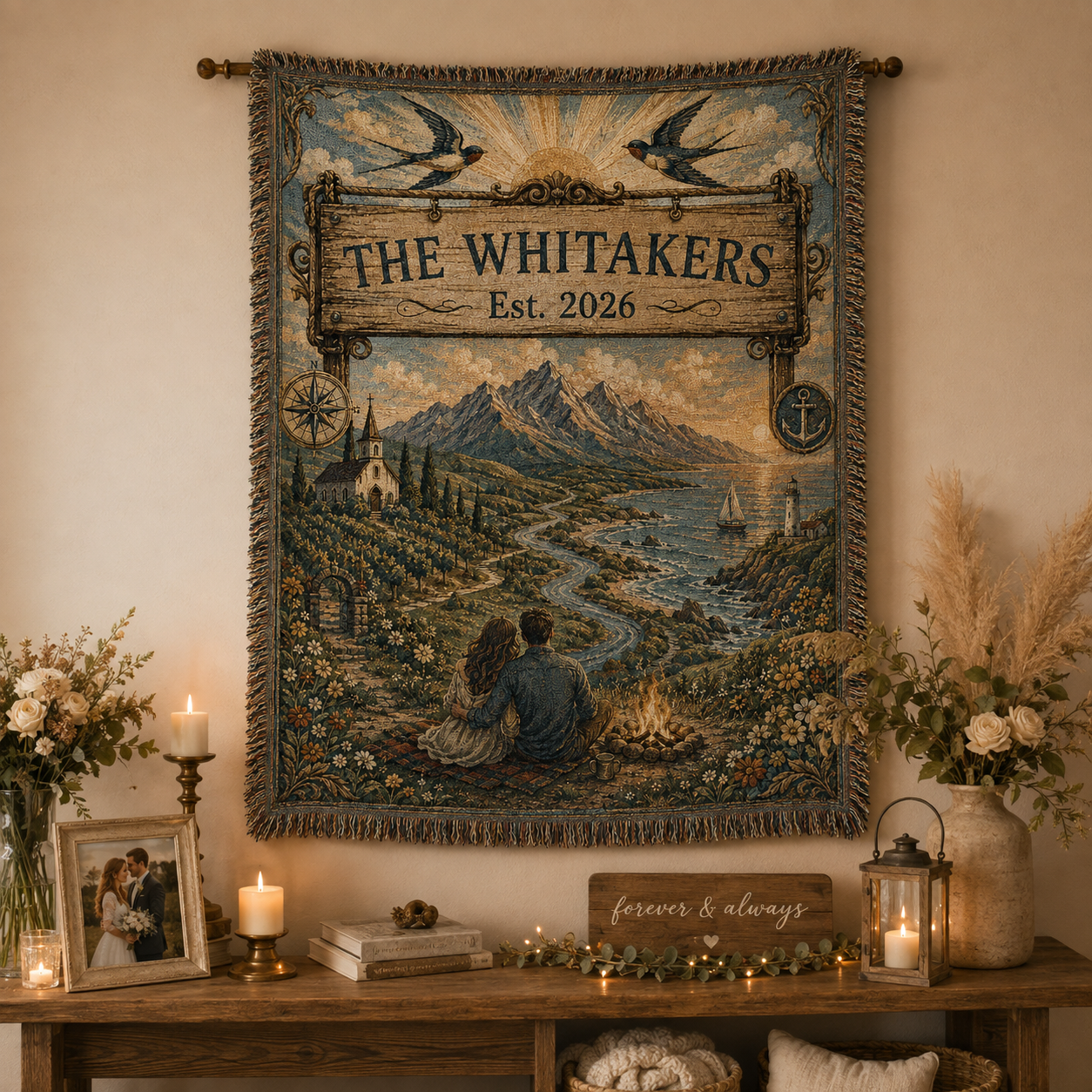 Personalized Whitakers woven blanket displayed as romantic rustic wall decor above a wooden console