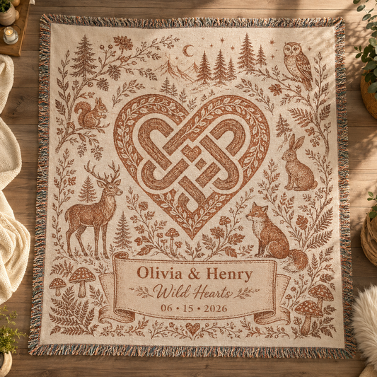 Personalized Wild Hearts woodland wedding woven blanket with Celtic heart, forest animals, custom couple names and date