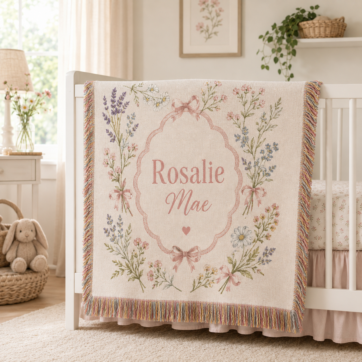 Close-up of personalized wildflower nursery woven blanket with custom name and fringe