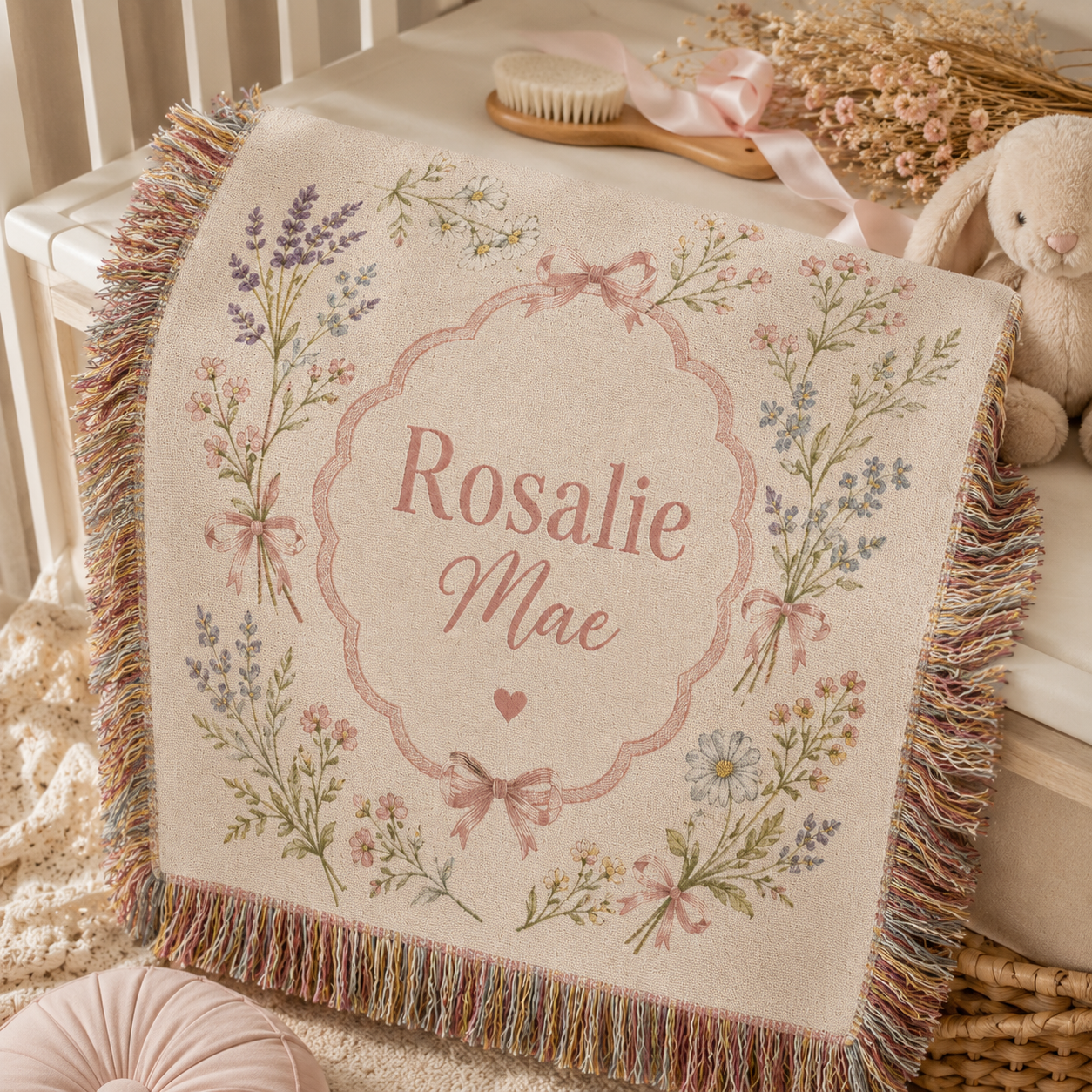Personalized wildflower woven blanket displayed on a nursery crib with bunny decor