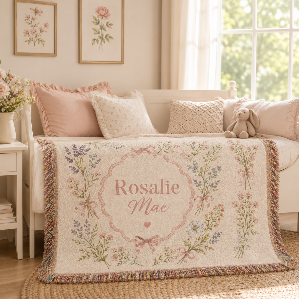 Personalized wildflower woven blanket styled in a warm pastel nursery daybed