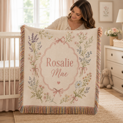 Mother displaying personalized wildflower woven blanket in a bright nursery