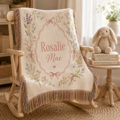 Personalized wildflower woven blanket styled on a wooden nursery reading chair