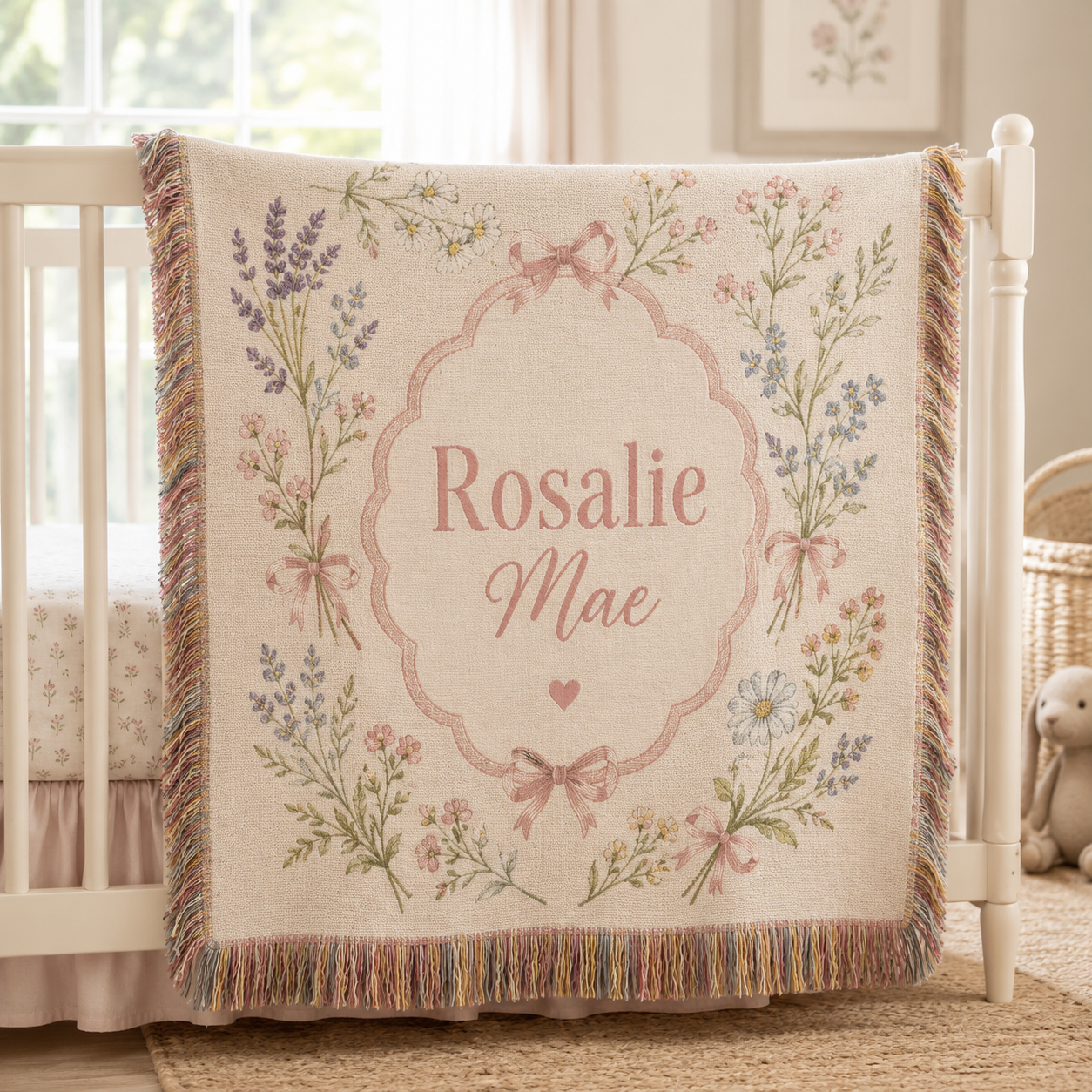 Personalized wildflower nursery woven blanket with custom baby name and multicolor fringe