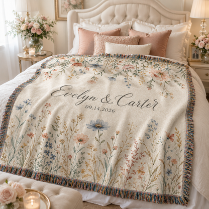 Personalized wildflower wedding woven blanket styled across a romantic bedroom