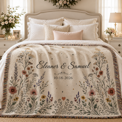 Personalized wildflower wedding woven blanket styled across a romantic bedroom bed