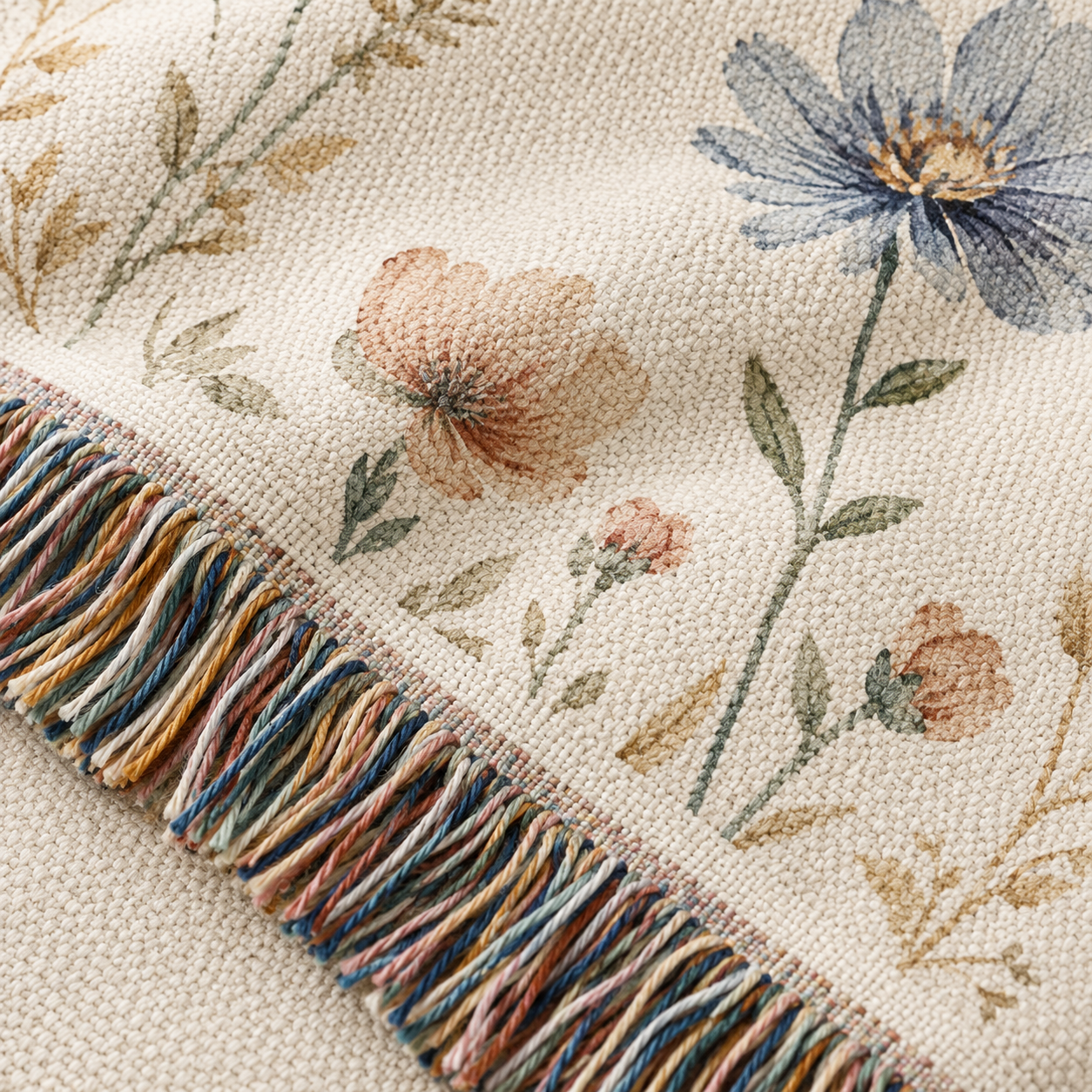 Macro close-up of personalized wildflower wedding woven blanket texture and multicolor fringe