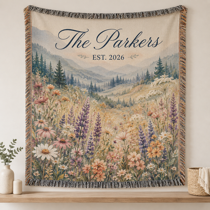 Personalized wildflower wedding woven blanket with custom family name and established year