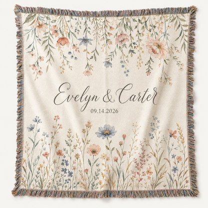 Personalized wildflower wedding woven blanket with custom couple names and date