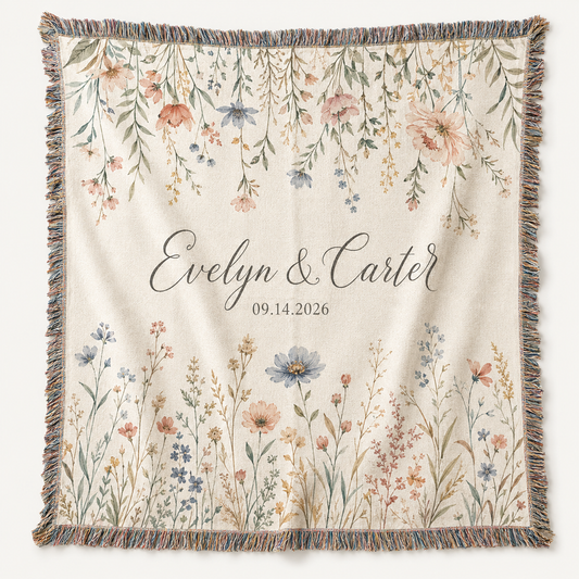 Personalized wildflower wedding woven blanket with custom couple names and date
