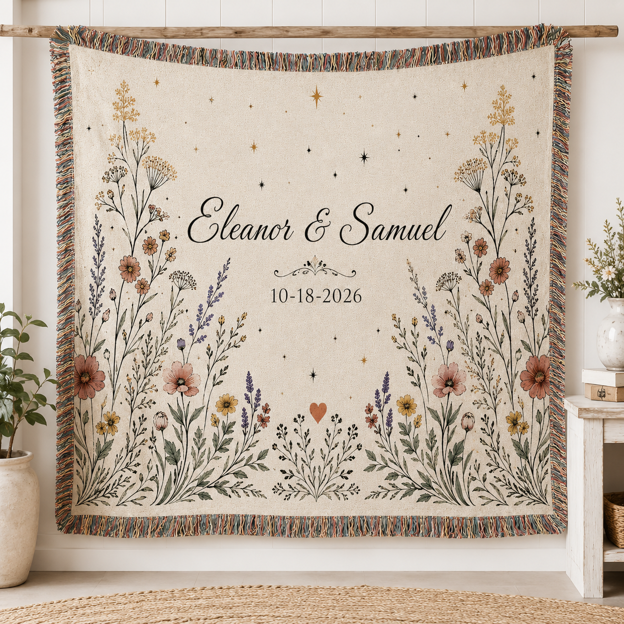 Personalized wildflower wedding woven blanket with custom couple names and date