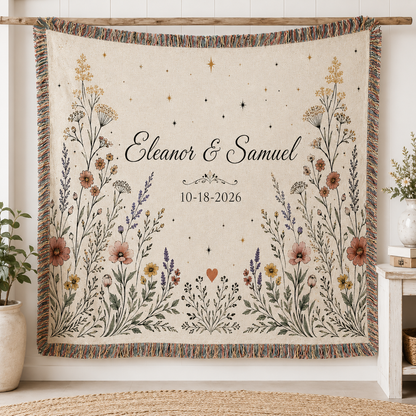 Personalized wildflower wedding woven blanket with custom couple names and date