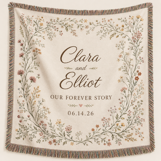 Personalized Wildflower Wedding Woven Blanket – Custom Couple Names & Date Throw