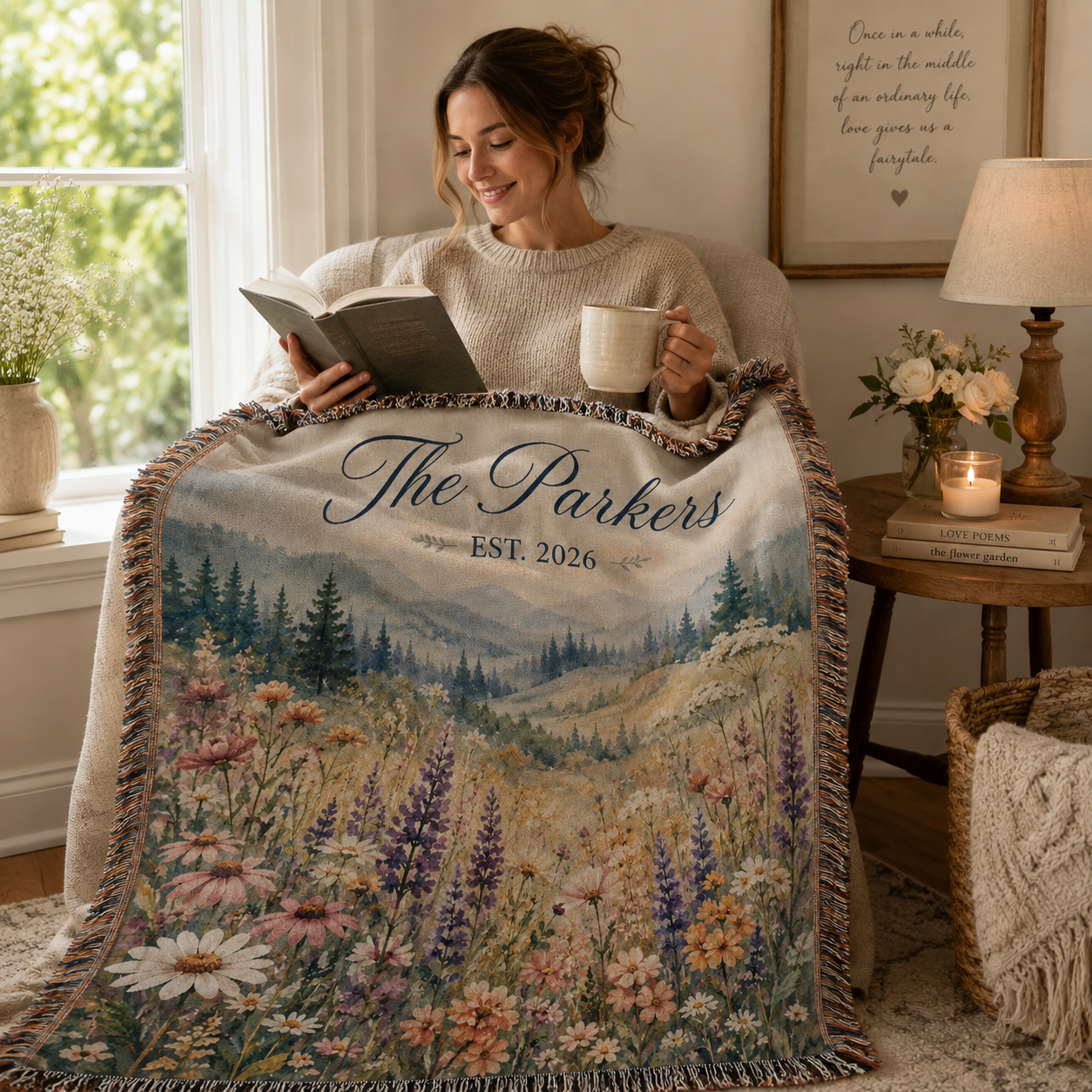 Personalized wildflower wedding woven blanket used in a cozy reading nook