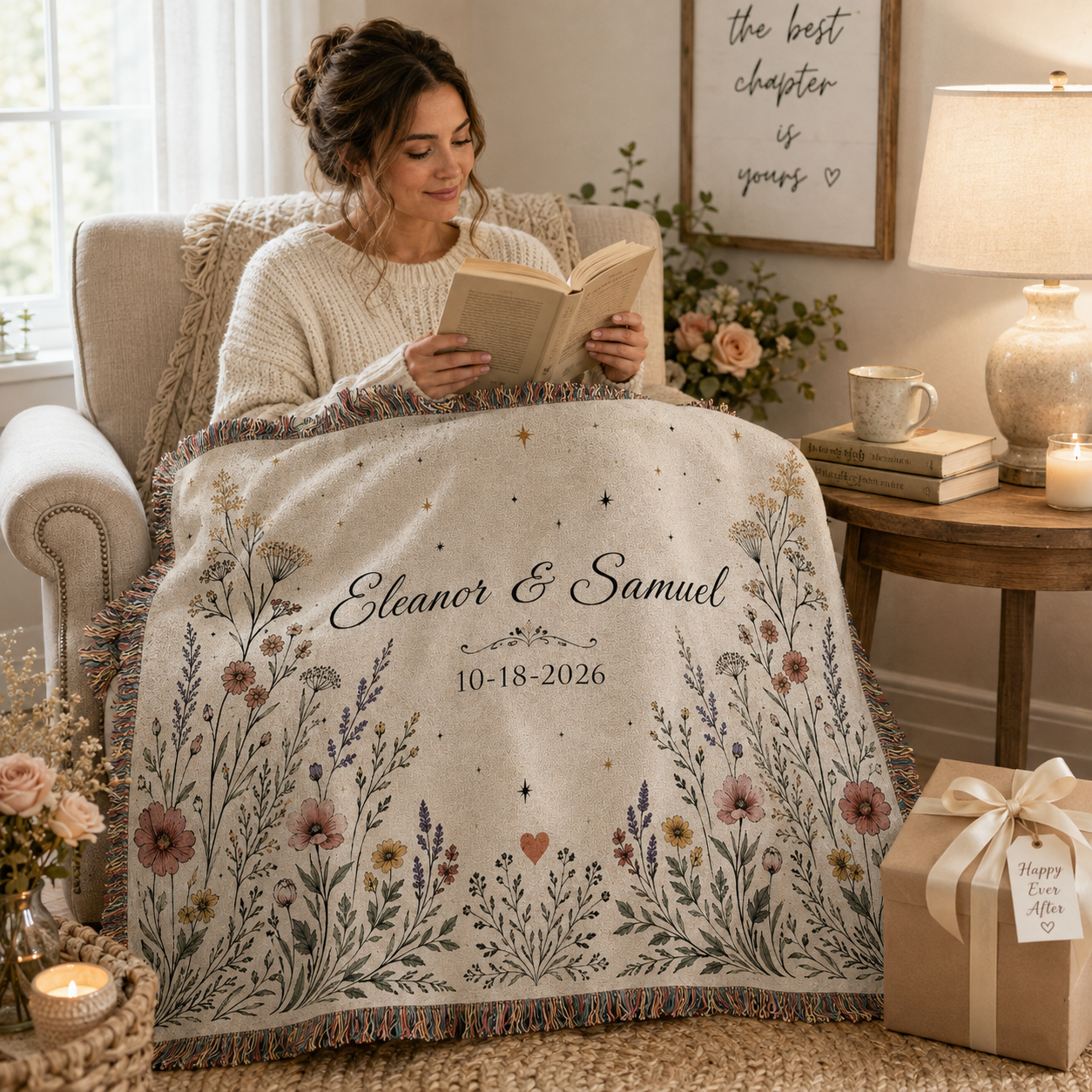 Personalized wildflower wedding woven blanket used in a cozy reading nook