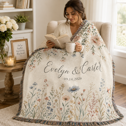 Personalized wildflower wedding woven blanket used in a cozy reading nook