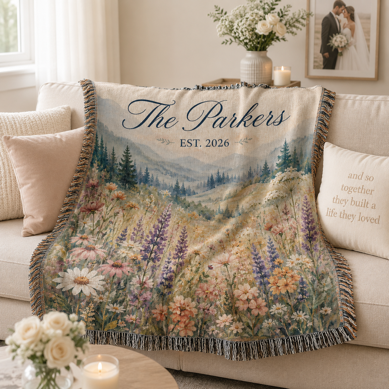 Personalized wildflower wedding woven blanket softly draped on a neutral sofa