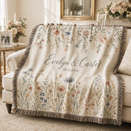 Personalized wildflower wedding woven blanket softly draped on a neutral sofa