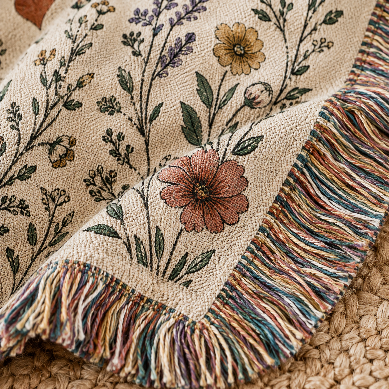 Macro close-up of woven texture and multicolor fringe on personalized wildflower wedding blanket
