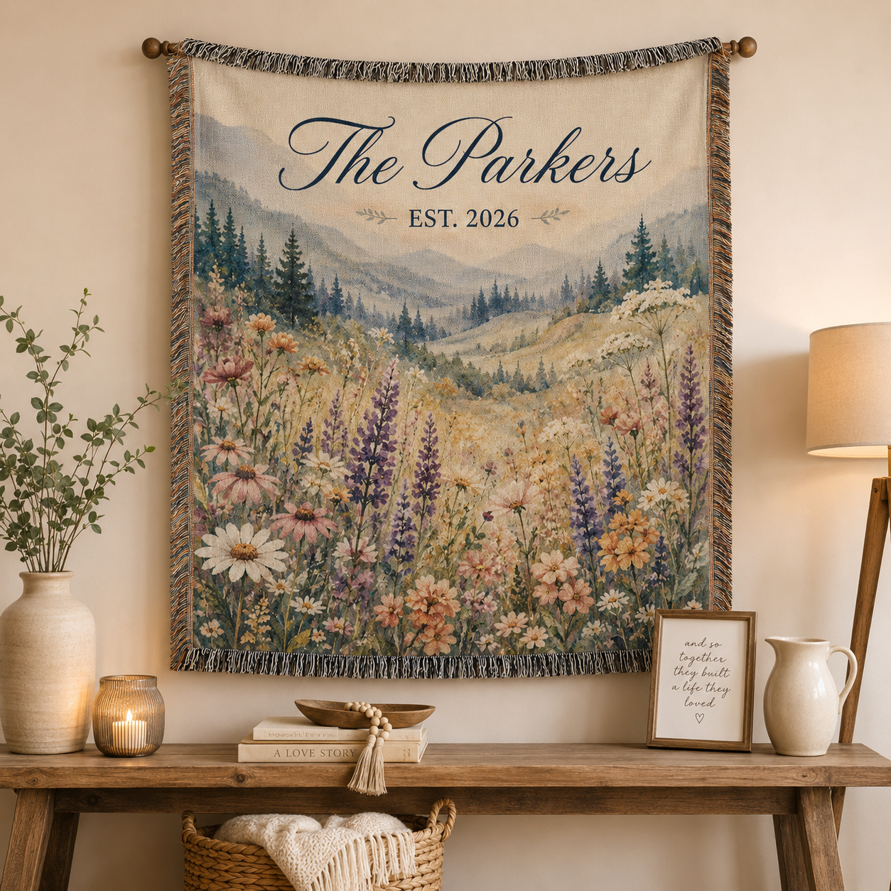 Personalized wildflower wedding woven blanket displayed as romantic wall decor