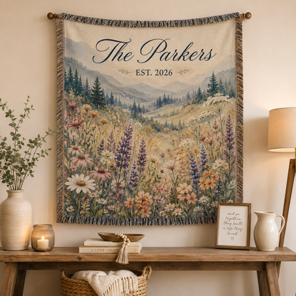 Personalized wildflower wedding woven blanket displayed as romantic wall decor