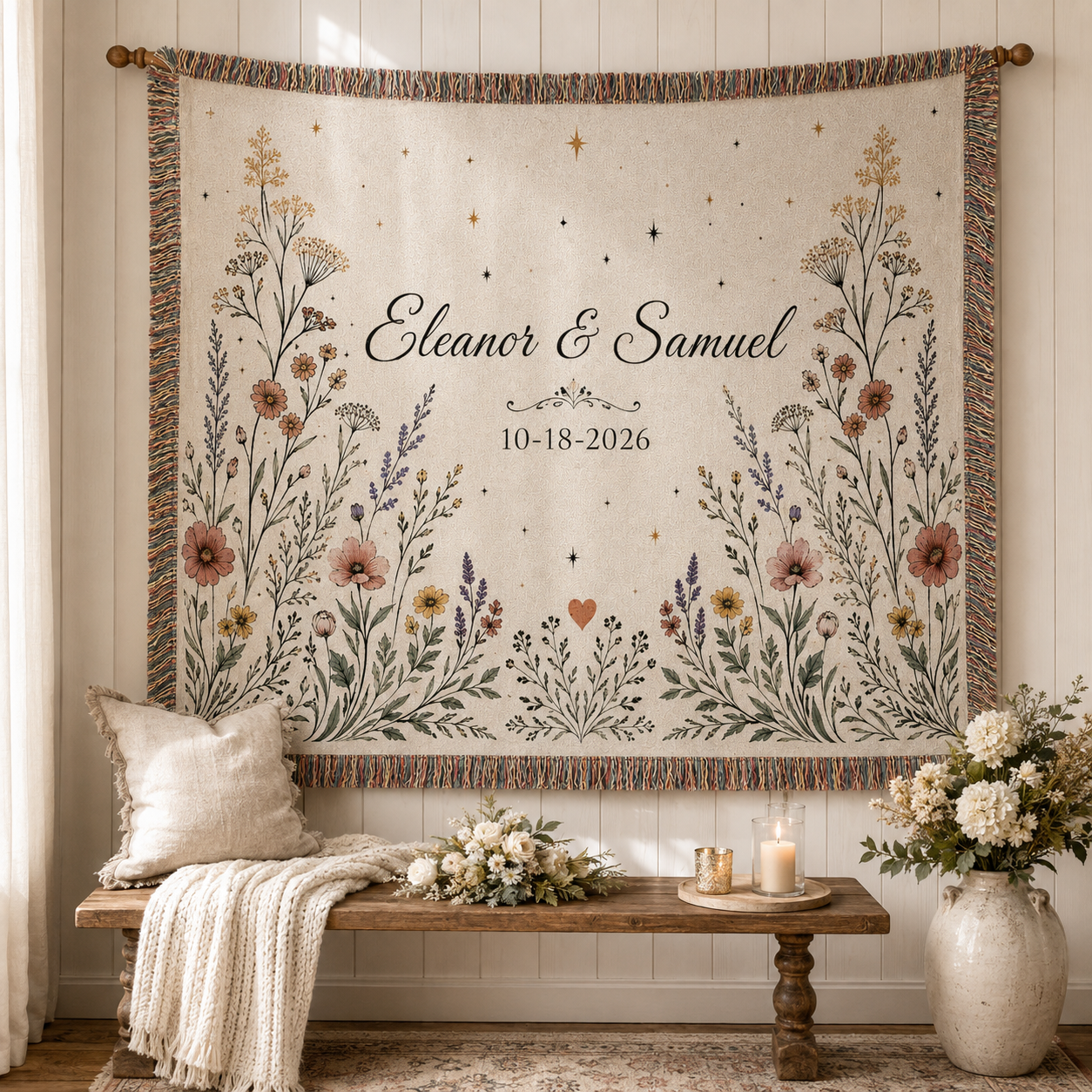 Personalized wildflower wedding woven blanket displayed as romantic wall decor