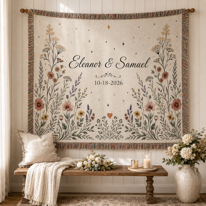 Personalized wildflower wedding woven blanket displayed as romantic wall decor