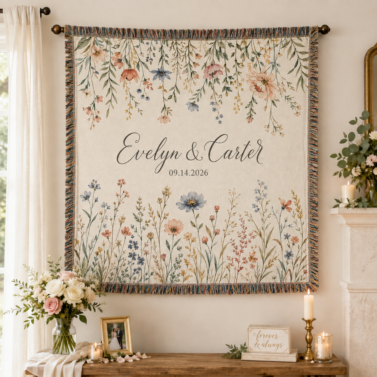 Personalized wildflower wedding woven blanket displayed as romantic wall decor