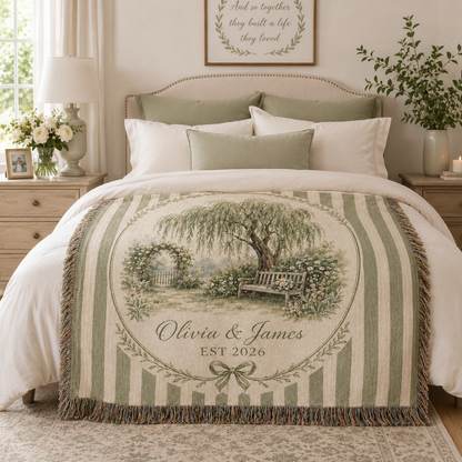 Personalized willow garden wedding woven blanket styled across a romantic bedroom bed