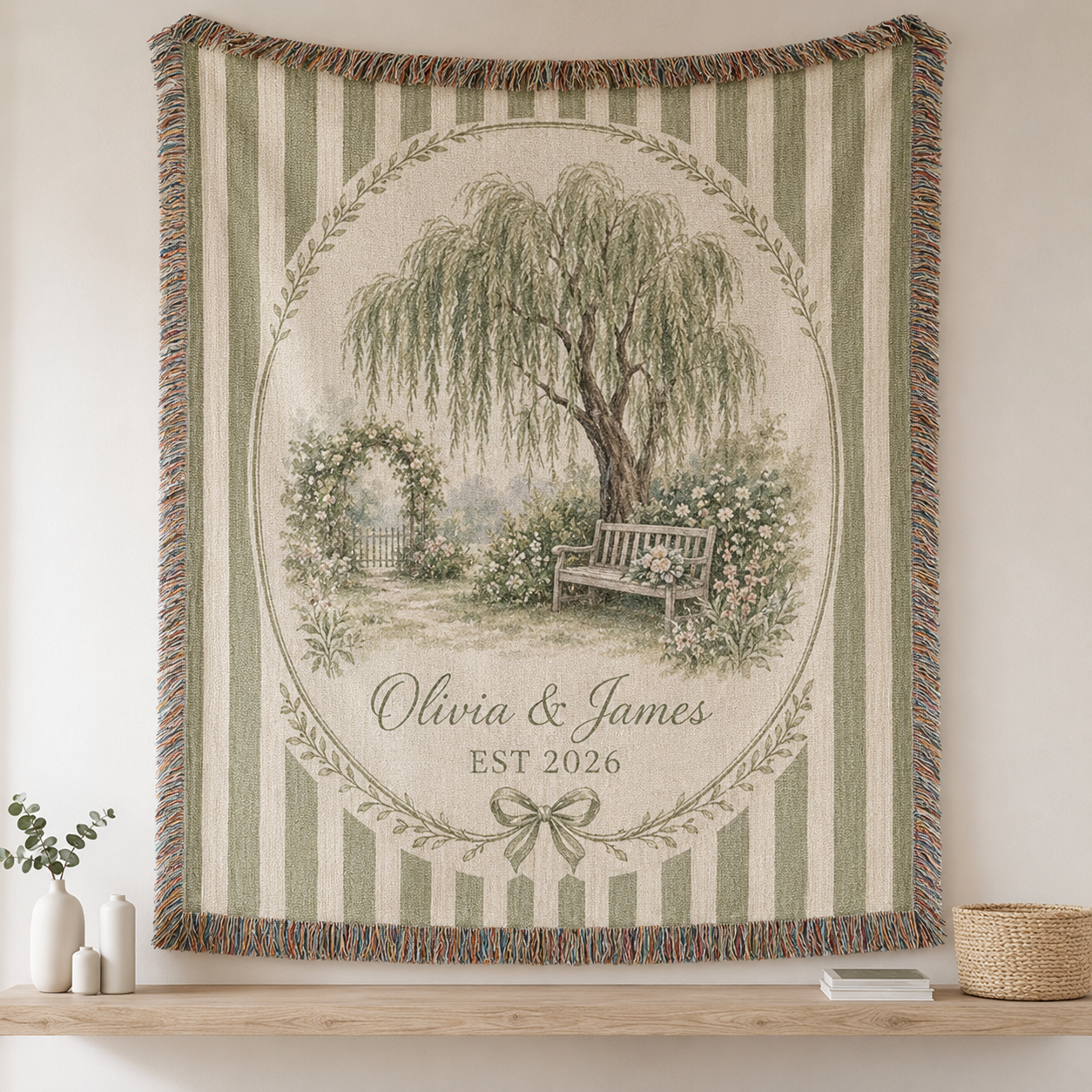 Personalized willow garden wedding woven blanket with custom couple names and established year