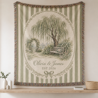 Personalized willow garden wedding woven blanket with custom couple names and established year