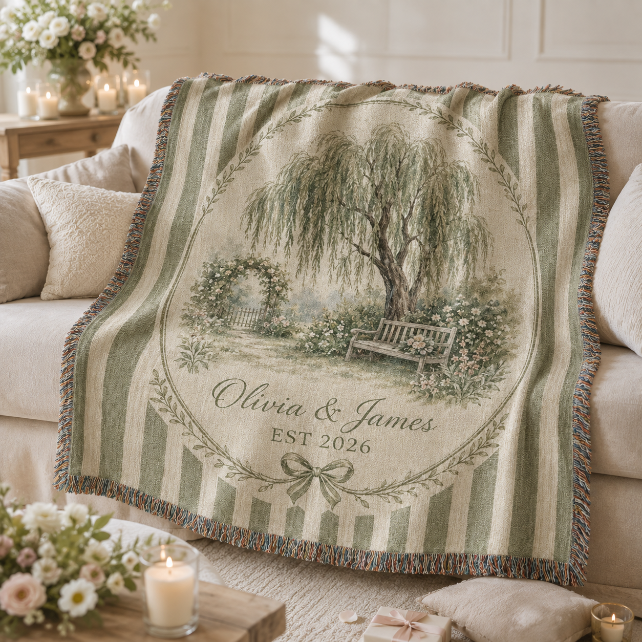 Personalized willow garden wedding woven blanket softly draped on a sofa