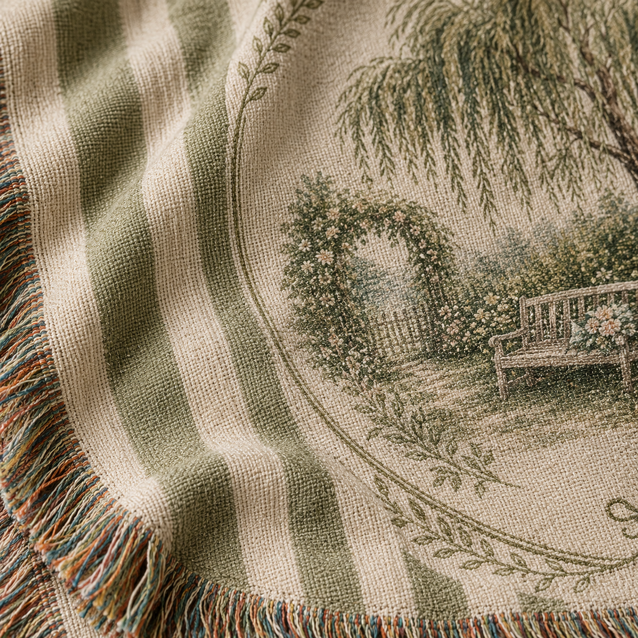Macro woven texture and multicolor fringe detail of personalized willow garden wedding blanket