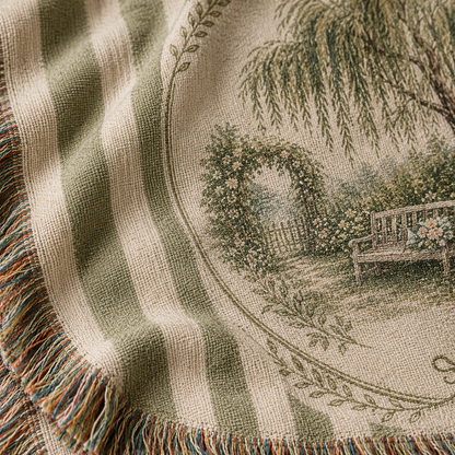 Macro woven texture and multicolor fringe detail of personalized willow garden wedding blanket