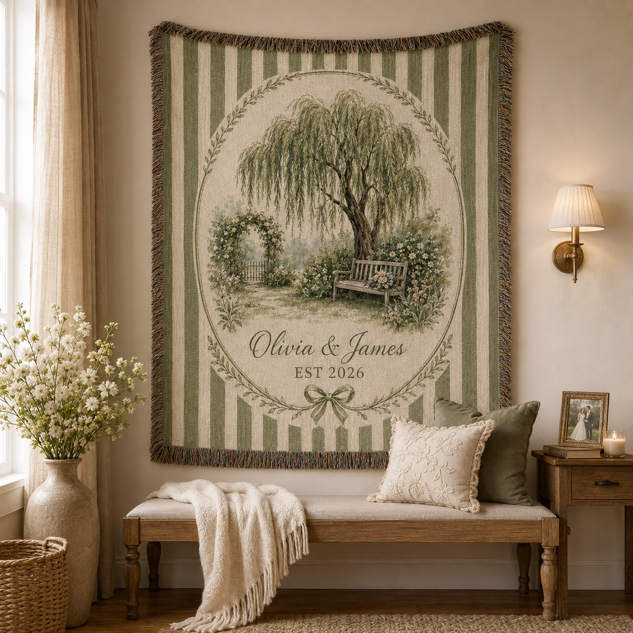 Personalized willow garden wedding woven blanket displayed as romantic wall decor