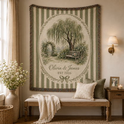 Personalized willow garden wedding woven blanket displayed as romantic wall decor