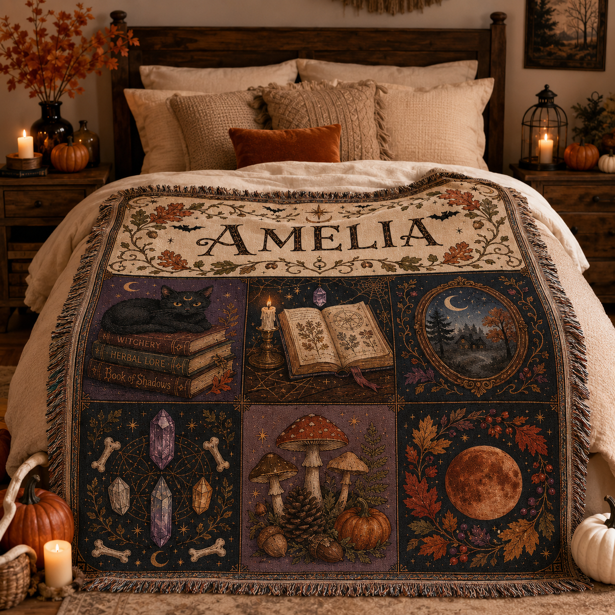 Personalized witchy Halloween woven blanket styled on a cozy autumn bedroom bed