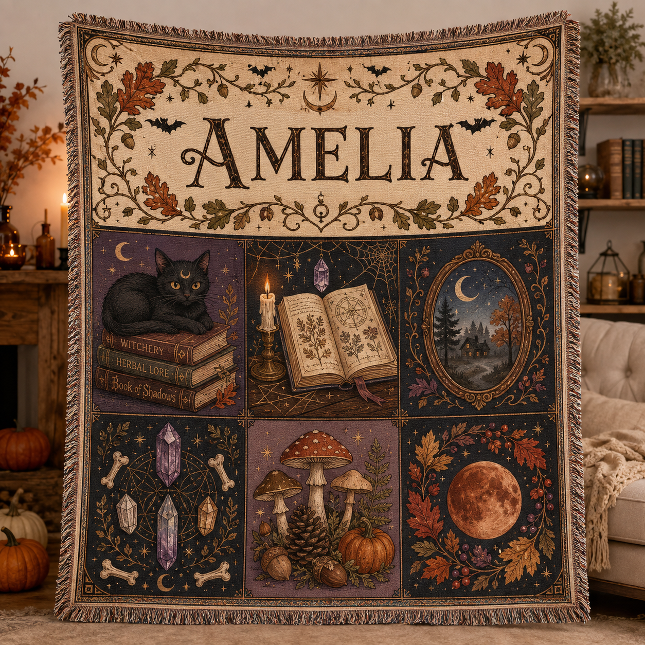 Personalized witchy Halloween woven blanket with custom name, black cat, spellbook, moon and mushrooms