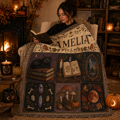 Reader wrapped in personalized witchy Halloween woven blanket with custom name and fringe