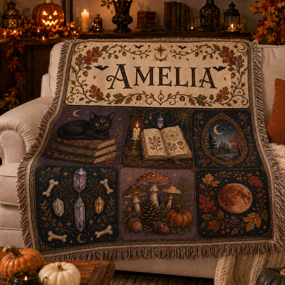 Personalized witchy Halloween woven blanket softly draped on a sofa with custom name and fringe