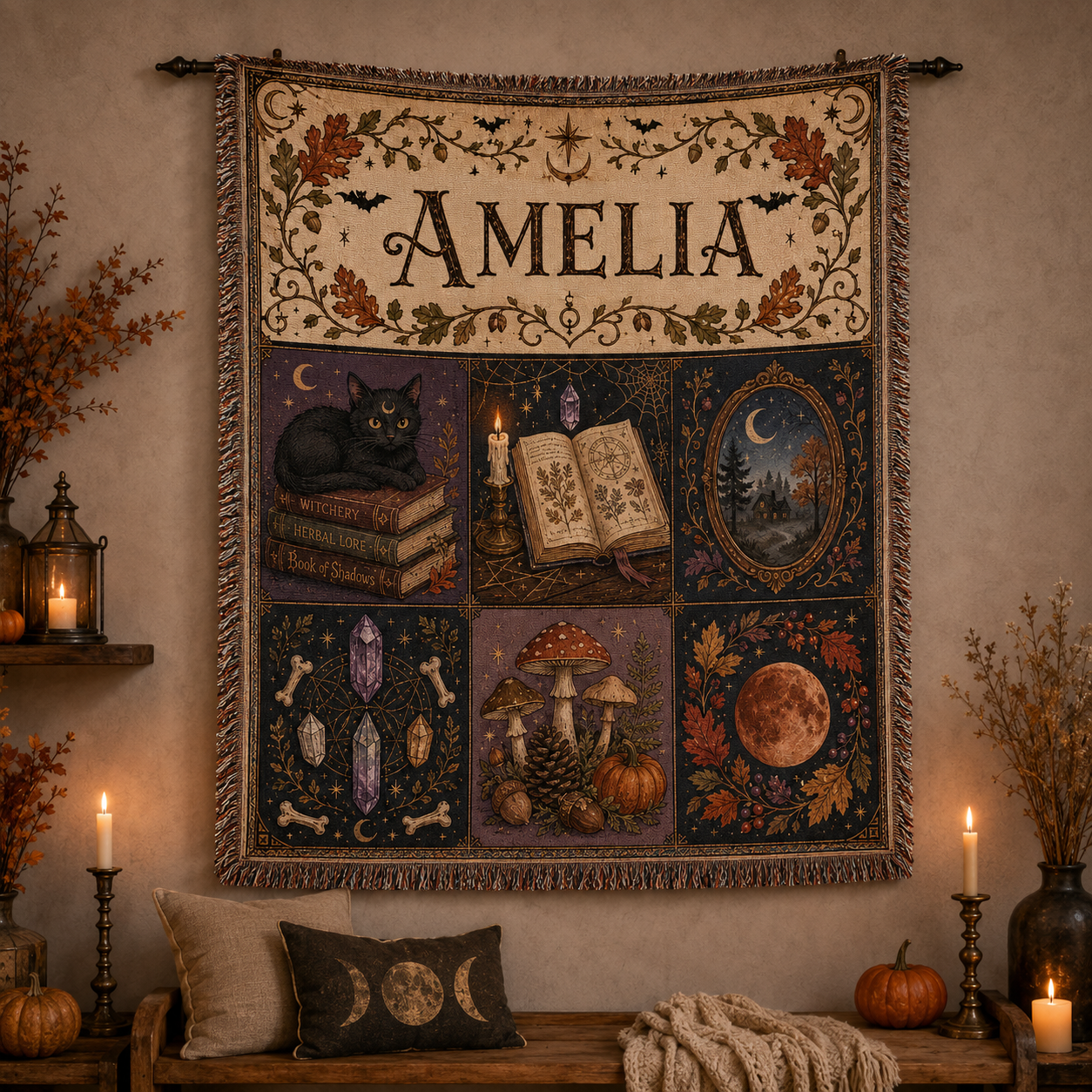 Personalized witchy Halloween woven blanket displayed as seasonal wall decor