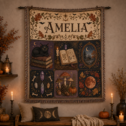 Personalized witchy Halloween woven blanket displayed as seasonal wall decor
