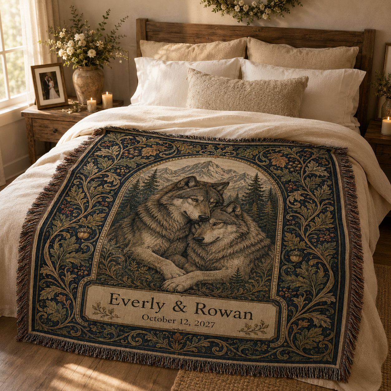 Personalized wolf wedding woven blanket styled across a romantic bedroom bed