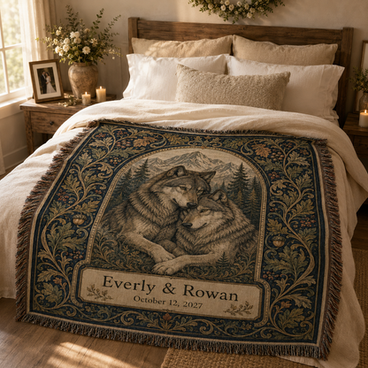 Personalized wolf wedding woven blanket styled across a romantic bedroom bed