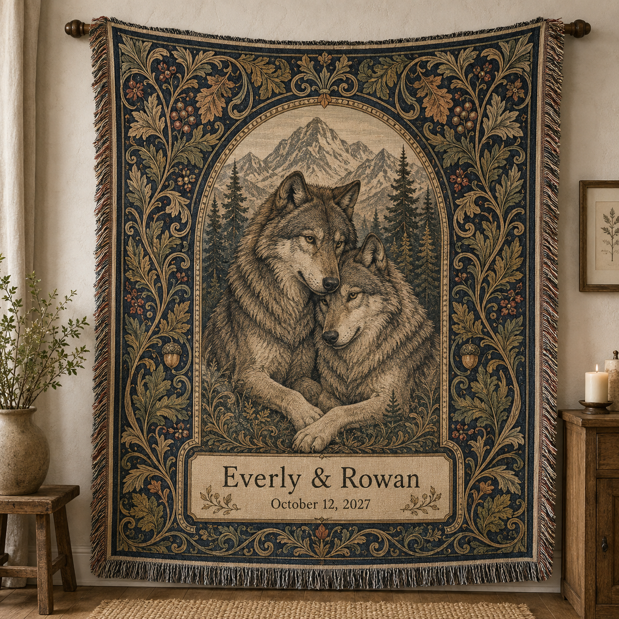Personalized wolf wedding woven blanket with couple names, date, mountain forest artwork and fringe