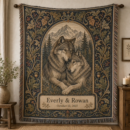 Personalized wolf wedding woven blanket with couple names, date, mountain forest artwork and fringe