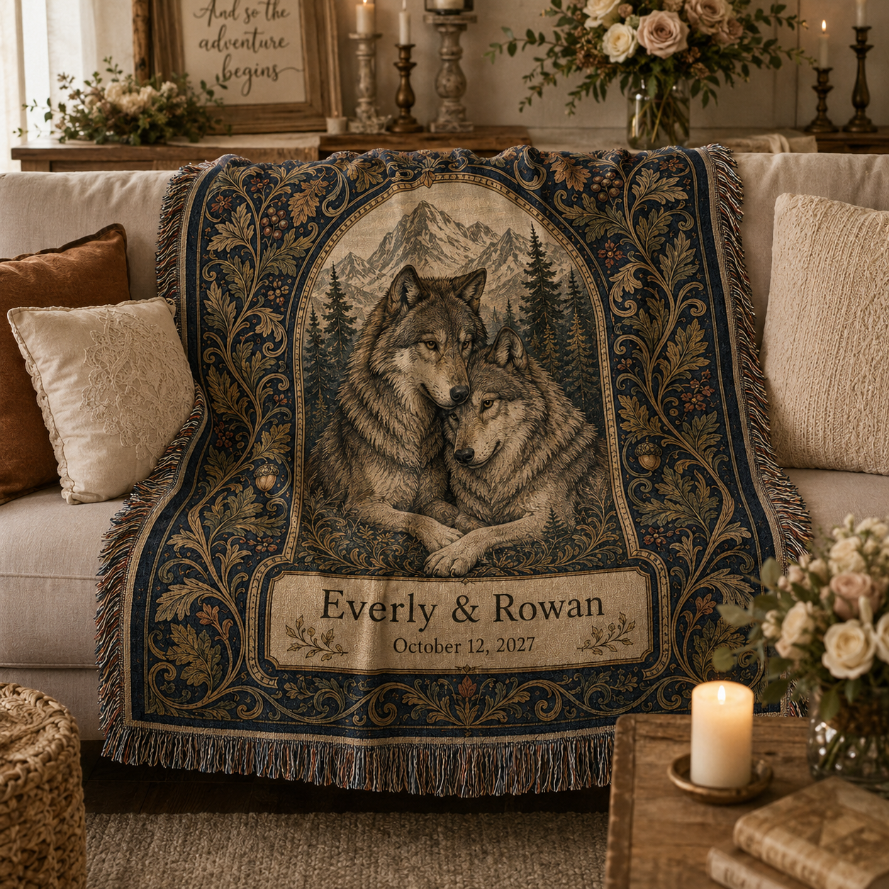 Personalized wolf wedding woven blanket softly draped on a sofa
