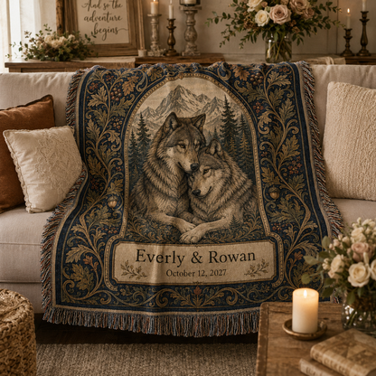 Personalized wolf wedding woven blanket softly draped on a sofa