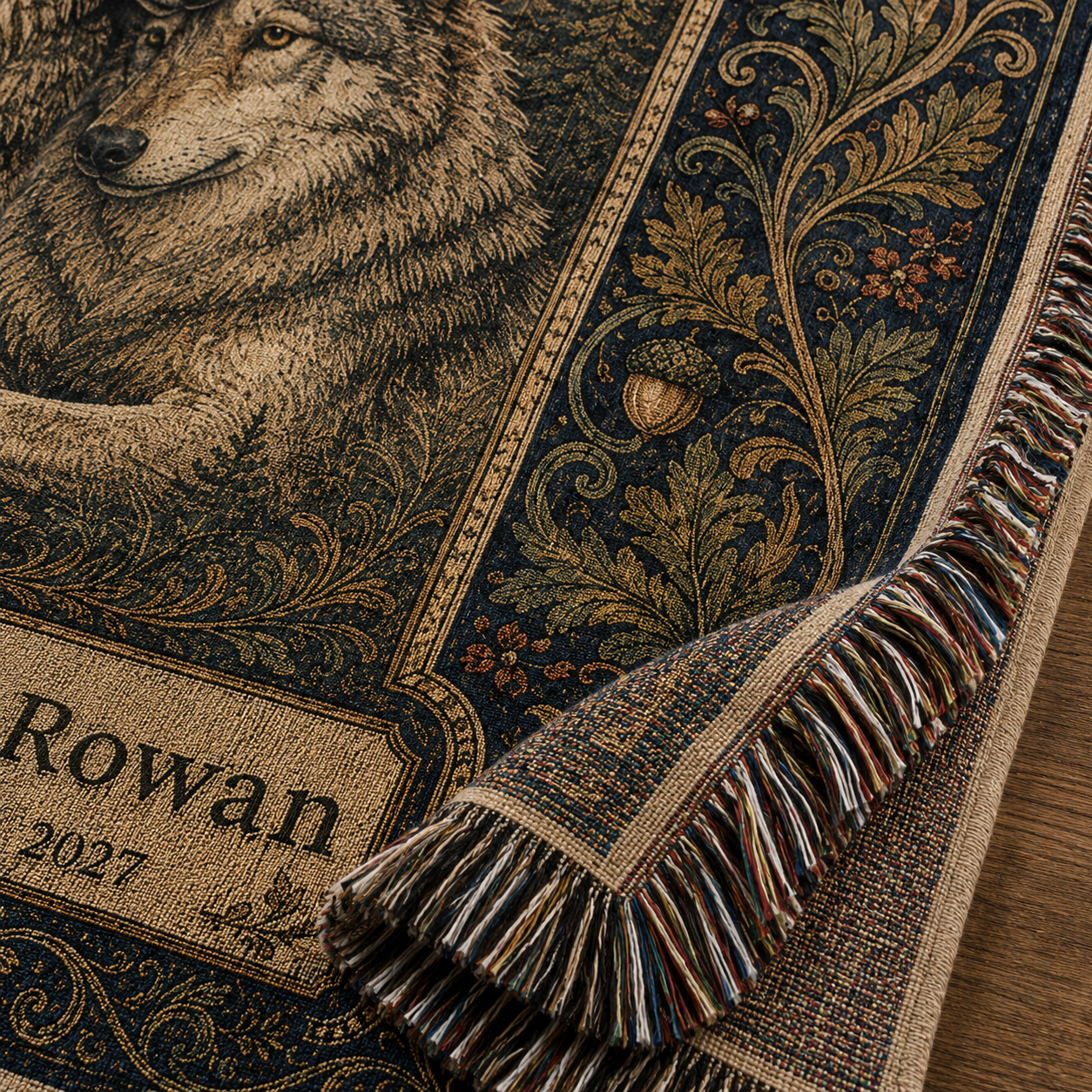 Macro woven texture and multicolor fringe detail of personalized wolf wedding blanket